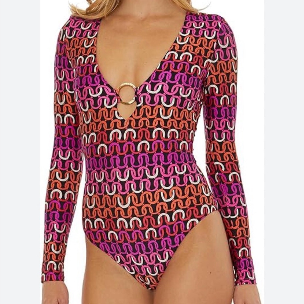 Trina Turk Echo Long Sleeve Ring Front One Piece Paddle Suit NWT Sz S/P